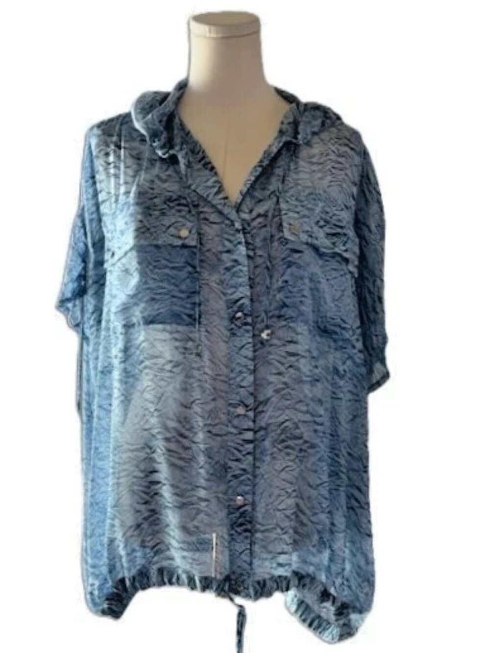 MICHAEL KORS Blue & White Chiffon Blouson Top/Jacket w/Pockets & Hood L NWT $99